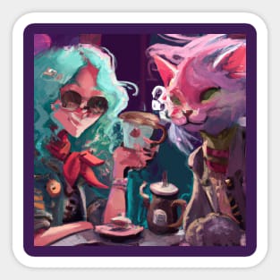 Blue Haired Girl and Fancy Cat Share Tea at a Cafe Sticker